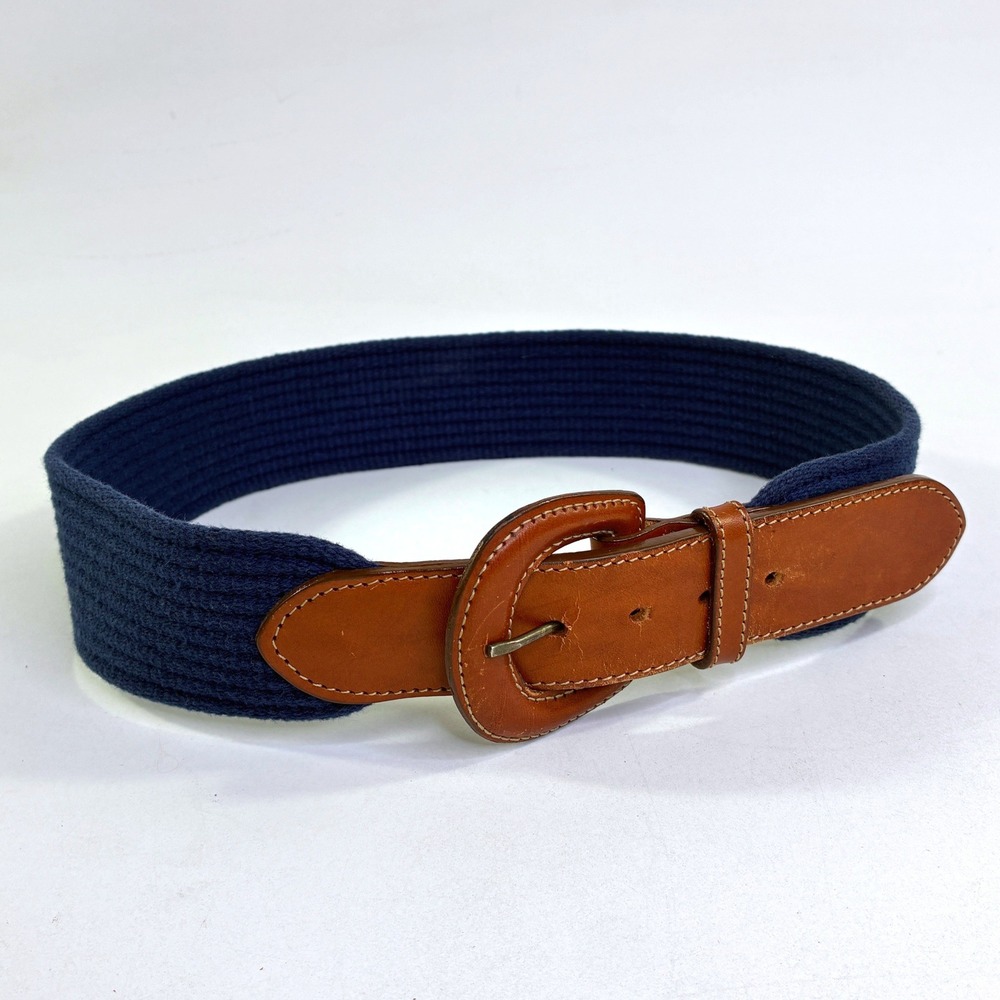 Lands End Vintage Navy Blue Woven Fabric Brown Leather Belt Size 28 506 USA Made